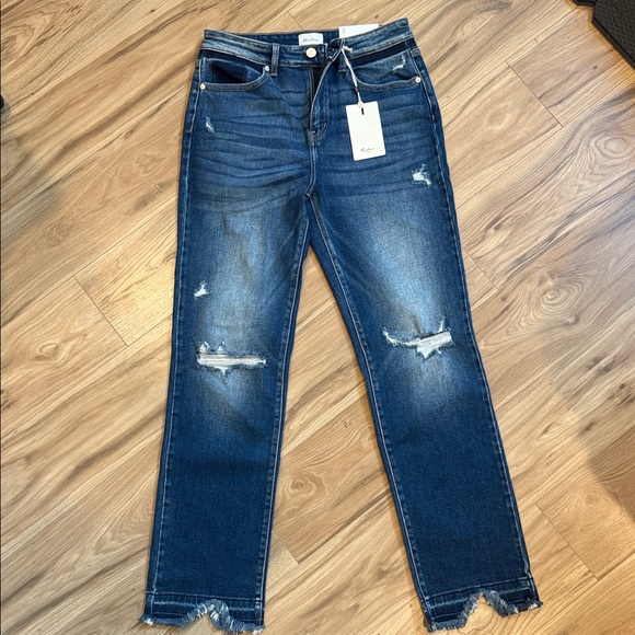 KanCan Denim - KanCan Dark Blue Distressed Slim Straight Leg Jeans high rise Peach